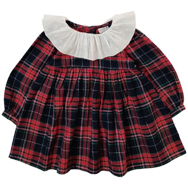 Snowflakes Girls Full Sleeve, Brushed Cotton Fabric With Checks Print - Blue & Red