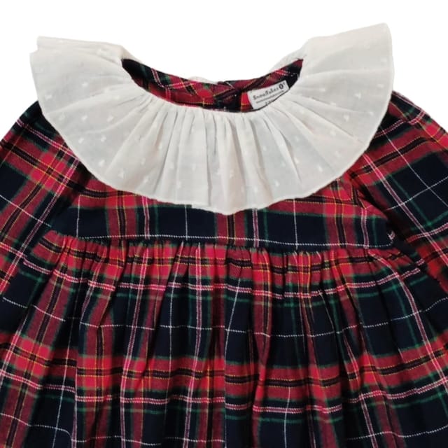 Snowflakes Girls Full Sleeve, Brushed Cotton Fabric With Checks Print - Blue & Red