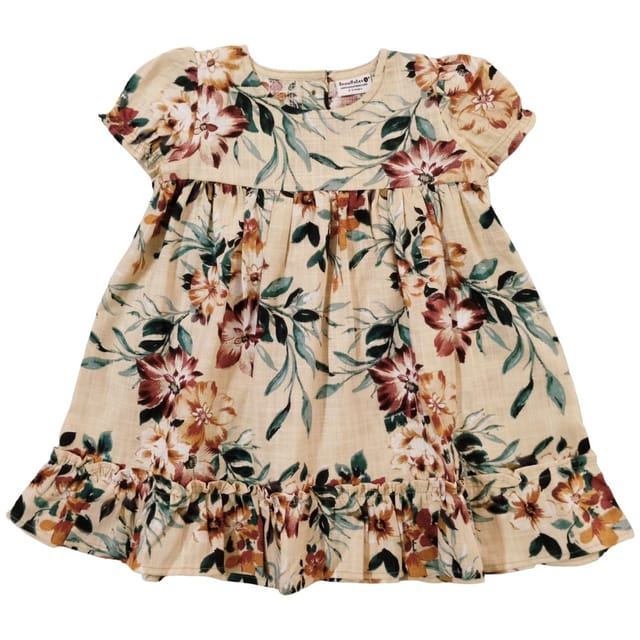 Snowflakes Girls' Short Sleeve, Cotton Dress With Flower Prints - Cream