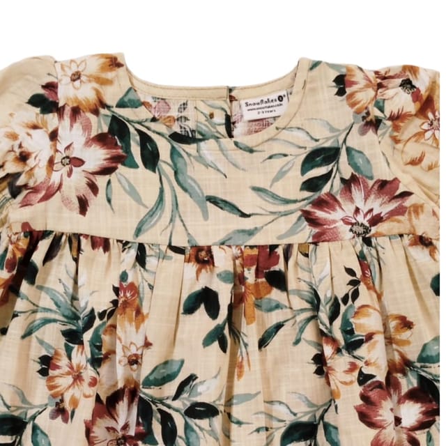 Snowflakes Girls' Short Sleeve, Cotton Dress With Flower Prints - Cream