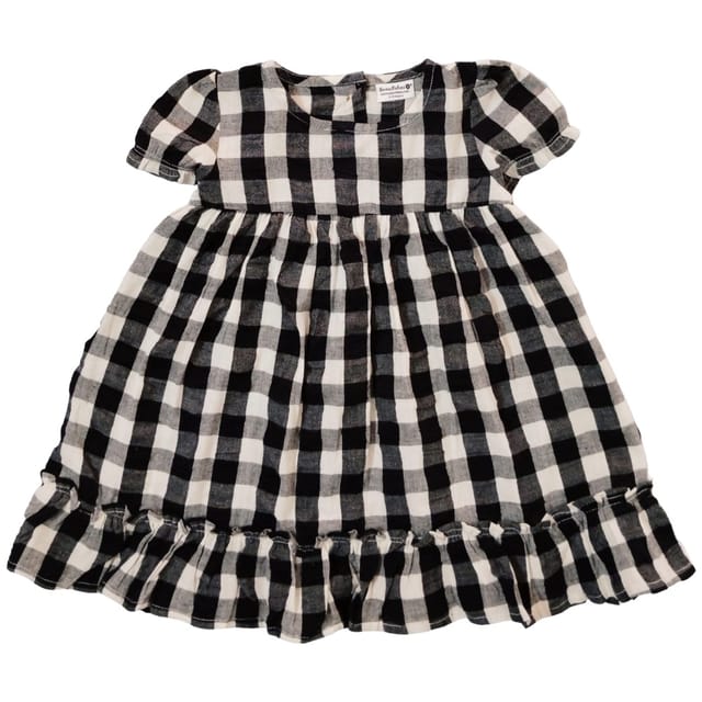 Snowflakes Girls' Short Sleeve, Cotton Dress With Checks Print - White