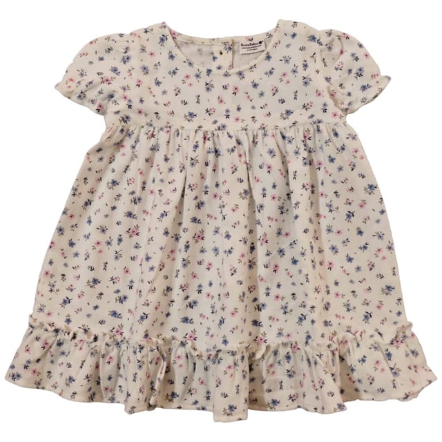 Snowflakes Girls' Short Sleeve, Cotton Dress With Flower Prints - White