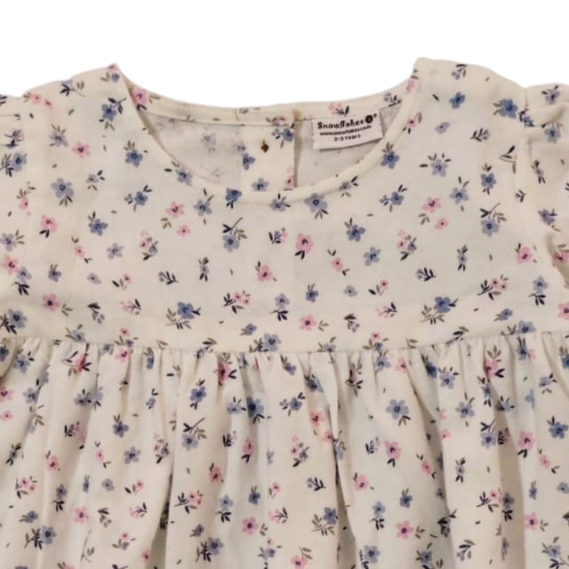 Snowflakes Girls' Short Sleeve, Cotton Dress With Flower Prints - White