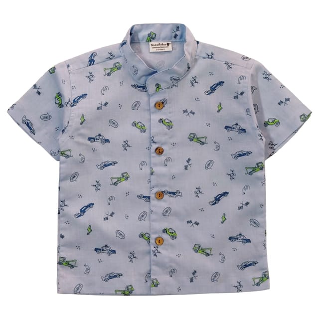 Snowflakes Boys Half Sleeve Cotton Shirt With Car Prints - Blue Snowflakes Boys Half Sleeve Cotton Shirt With Car Prints - Blue