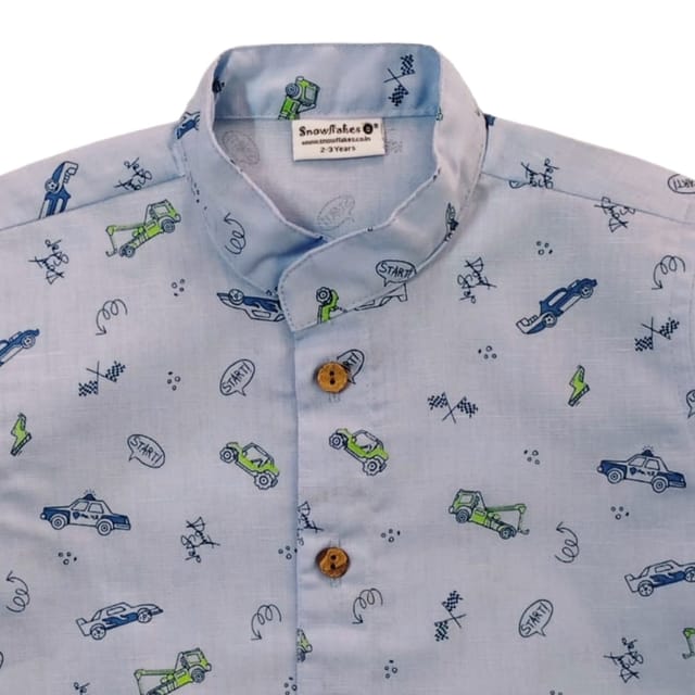 Snowflakes Boys Half Sleeve Cotton Shirt With Car Prints - Blue Snowflakes Boys Half Sleeve Cotton Shirt With Car Prints - Blue