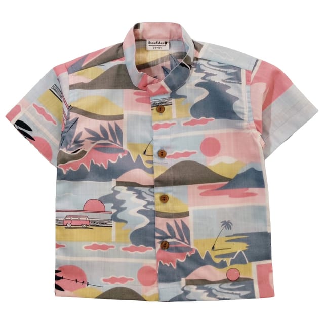 Snowflakes Boys Half Sleeve Cotton Shirt With Beach Prints - Blue Snowflakes Boys Half Sleeve Cotton Shirt With Beach Prints - Blue