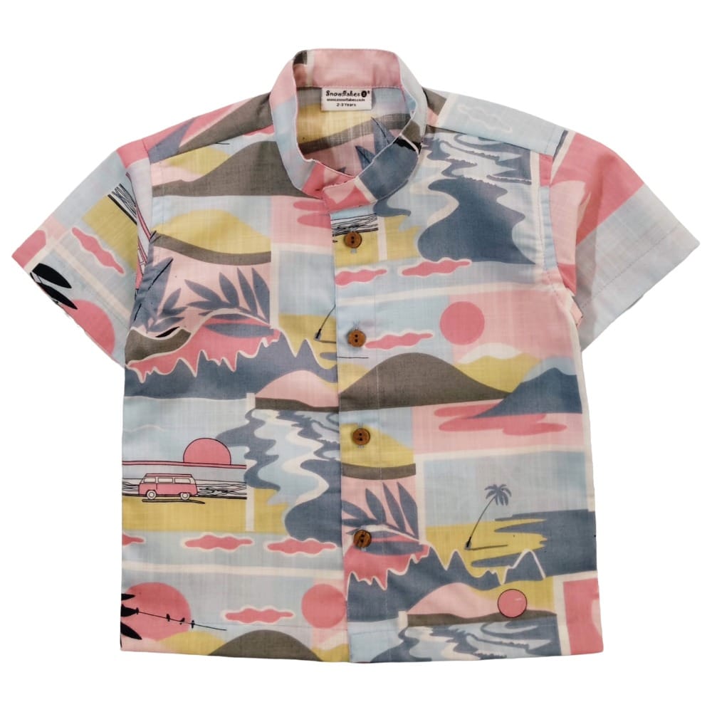 Snowflakes Boys Half Sleeve Cotton Shirt With Beach Prints - Blue