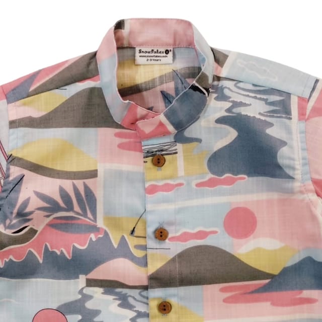 Snowflakes Boys Half Sleeve Cotton Shirt With Beach Prints - Blue Snowflakes Boys Half Sleeve Cotton Shirt With Beach Prints - Blue