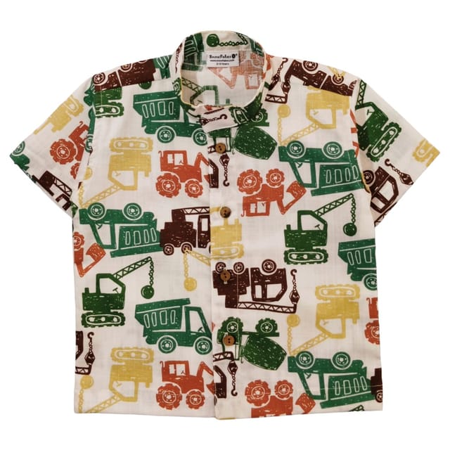Snowflakes Boys Half Sleeve Cotton Shirt With Vehicle Prints - White Snowflakes Boys Half Sleeve Cotton Shirt With Vehicle Prints - White