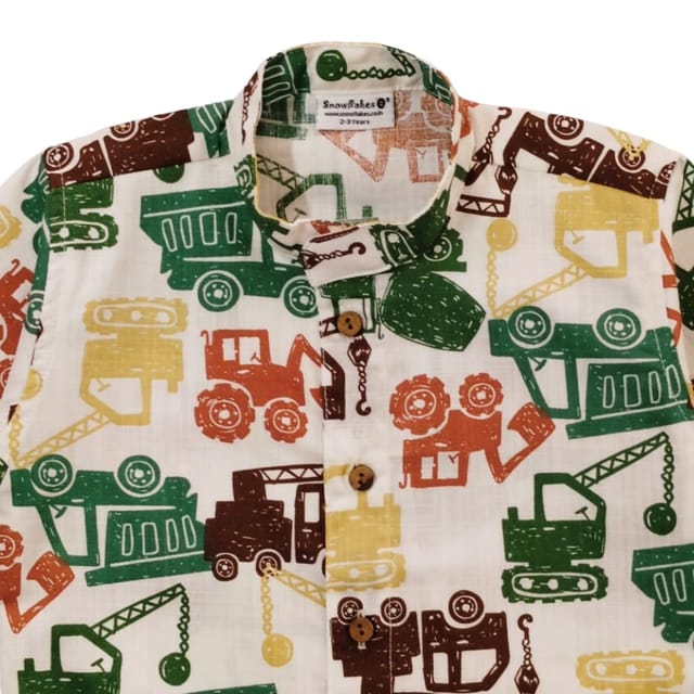 Snowflakes Boys Half Sleeve Cotton Shirt With Vehicle Prints - White Snowflakes Boys Half Sleeve Cotton Shirt With Vehicle Prints - White