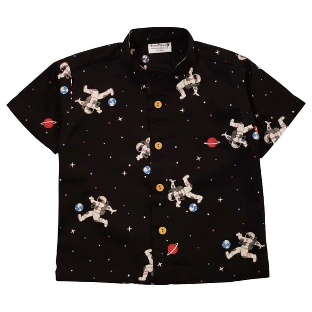 Snowflakes Boys Half Sleeve Cotton Shirt With Space Prints - Black Snowflakes Boys Half Sleeve Cotton Shirt With Space Prints - Black