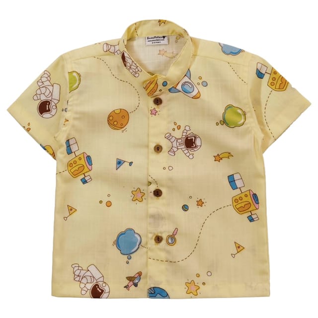 Snowflakes Boys Half Sleeve Cotton Shirt With Space Prints - Yellow Snowflakes Boys Half Sleeve Cotton Shirt With Space Prints - Yellow