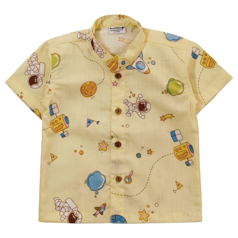 Snowflakes Boys Half Sleeve Cotton Shirt With Space Prints - Yellow