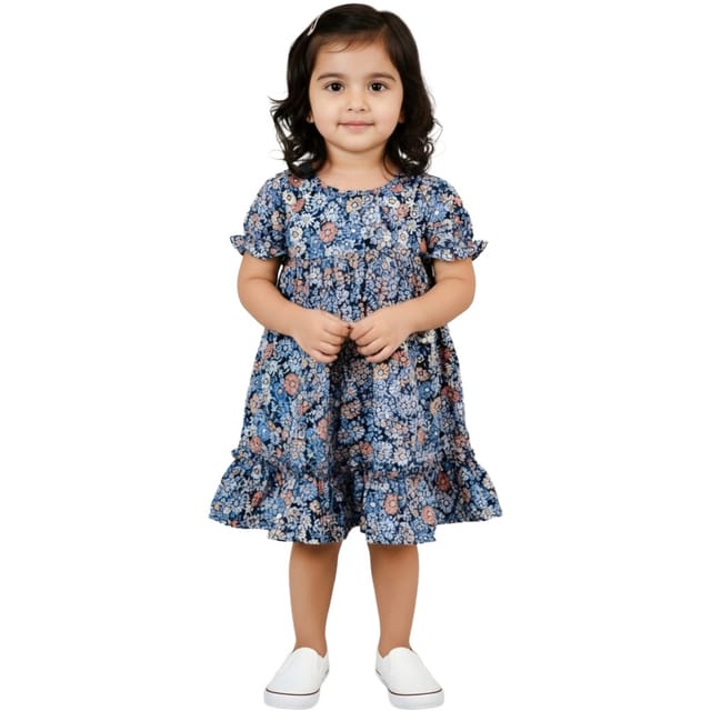 Snowflakes Girls' Short Sleeve,  Cotton Dress With Flower Prints - Blue