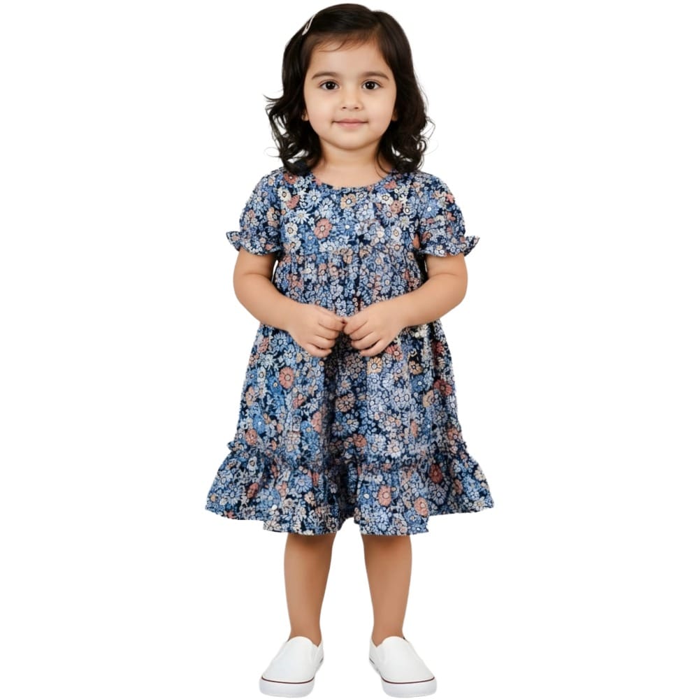 Snowflakes Girls' Short Sleeve,  Cotton Dress With Flower Prints - Blue