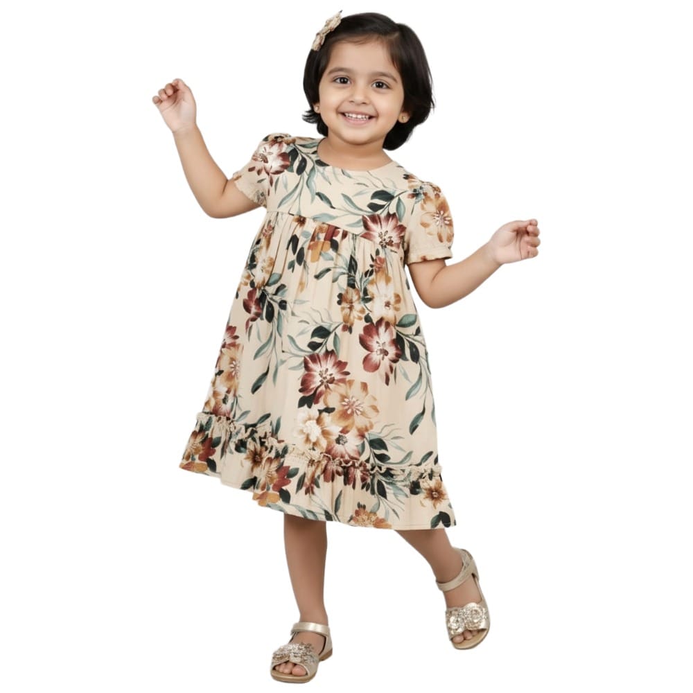 Snowflakes Girls' Short Sleeve, Cotton Dress With Flower Prints - Cream