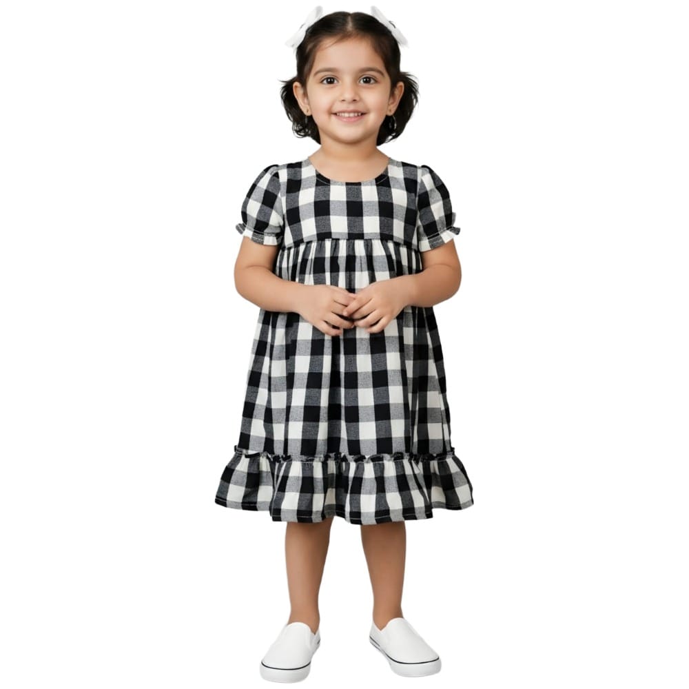 Snowflakes Girls' Short Sleeve, Cotton Dress With Checks Print - White