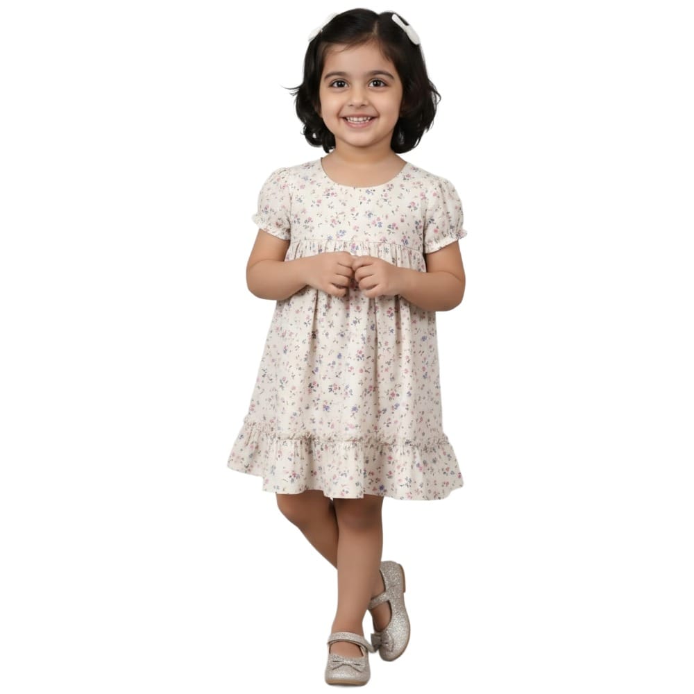 Snowflakes Girls' Short Sleeve, Cotton Dress With Flower Prints - White
