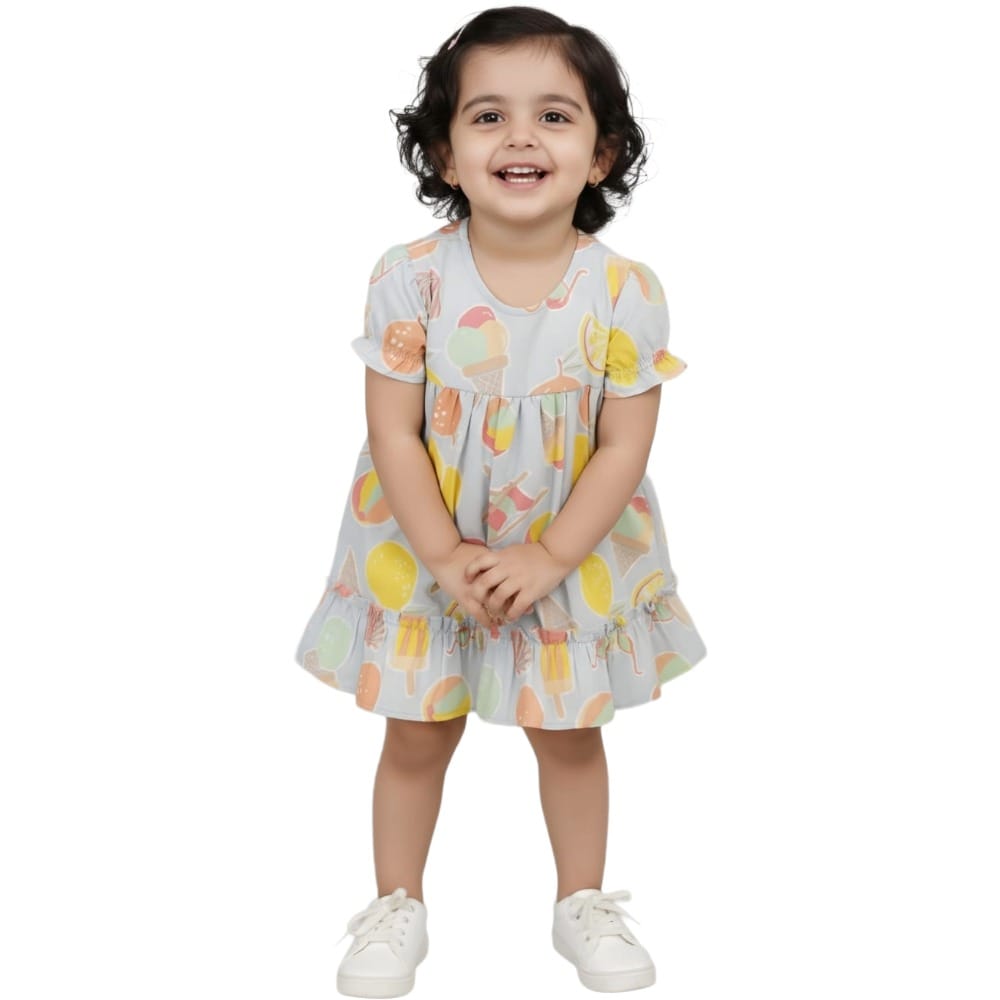 Snowflakes Girls' Short Sleeve, Cotton Dress With Summer Prints - Blue