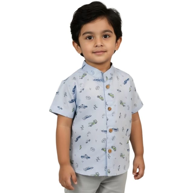Snowflakes Boys Half Sleeve Cotton Shirt With Car Prints - Blue