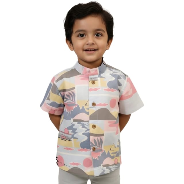 Snowflakes Boys Half Sleeve Cotton Shirt With Beach Prints - Blue
