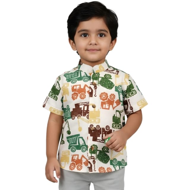 Snowflakes Boys Half Sleeve Cotton Shirt With Vehicle   Prints - White