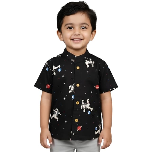Snowflakes Boys Half Sleeve Cotton Shirt With Space Prints - Black