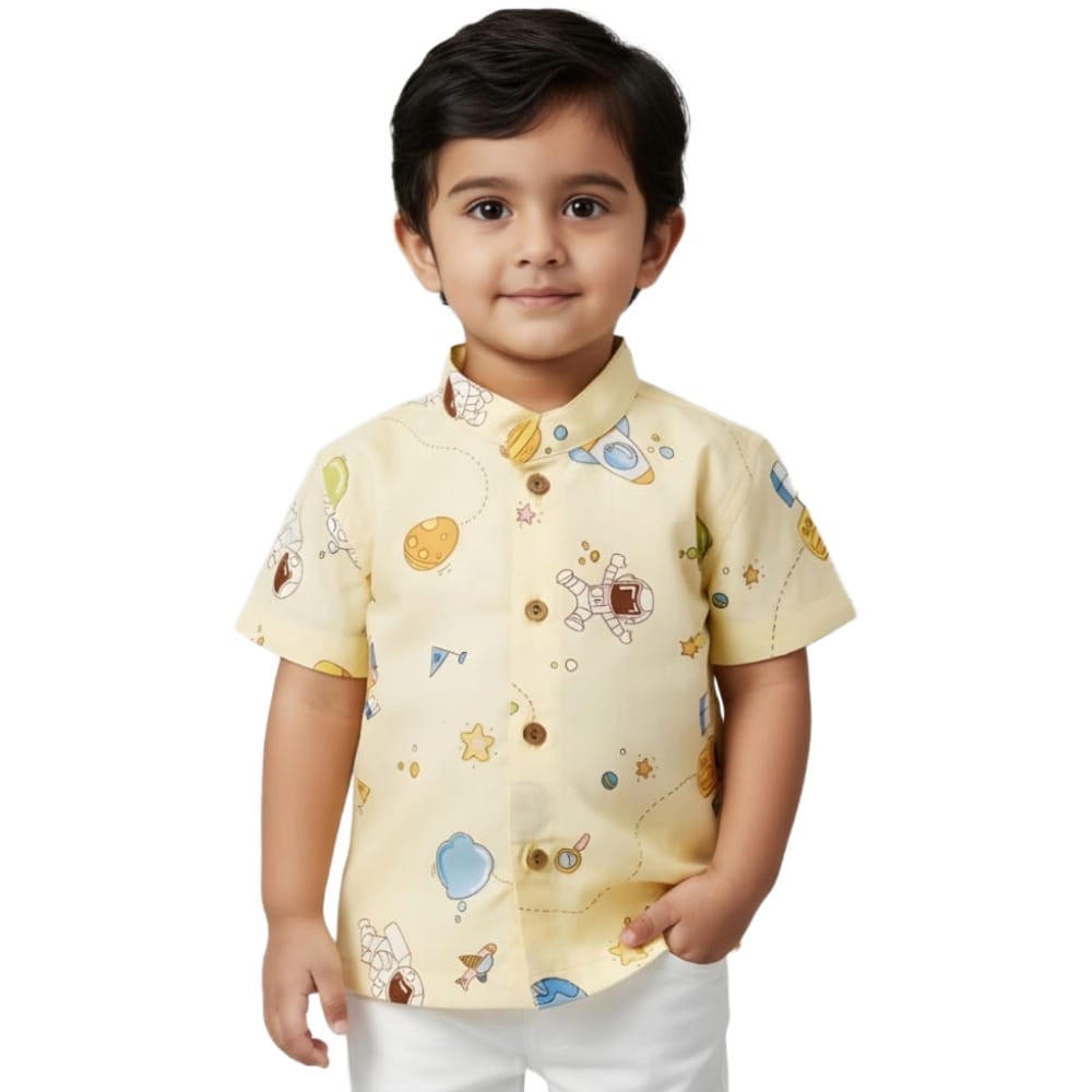 Snowflakes Boys Half Sleeve Cotton Shirt With Space Prints - Yellow