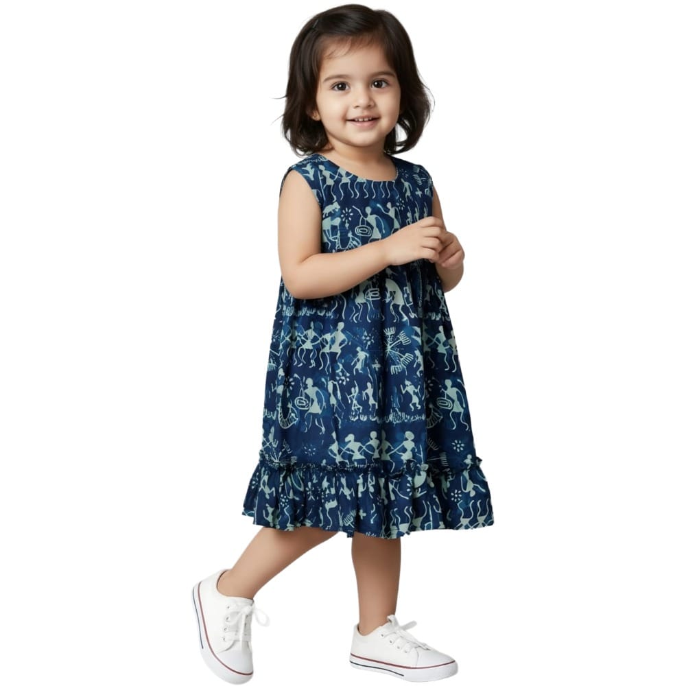 Snowflakes Girls Sleeveless Frock With Worli Print - Blue