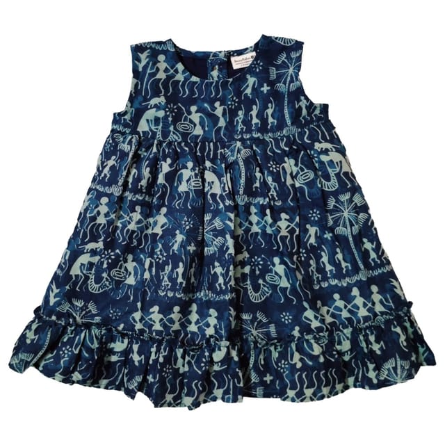 Snowflakes Girls Sleeveless Frock With Worli Print - Blue