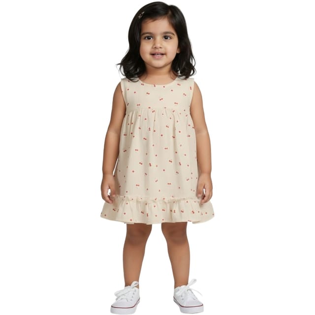 Snowflakes Girls Sleeveless Frock With Heart Prints - White