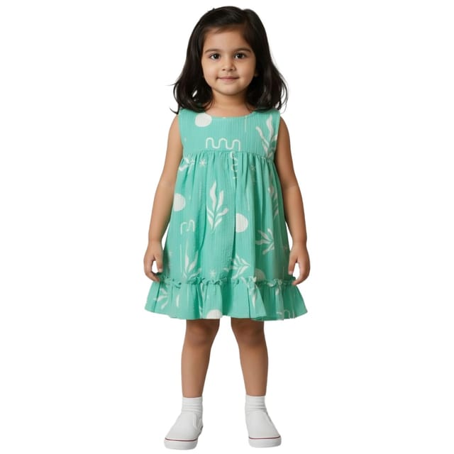Snowflakes Girls Sleeveless Frock With Floral Print - Green