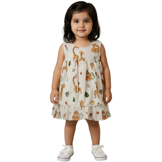Snowflakes Girls Sleeveless Frock With Animal Print - White