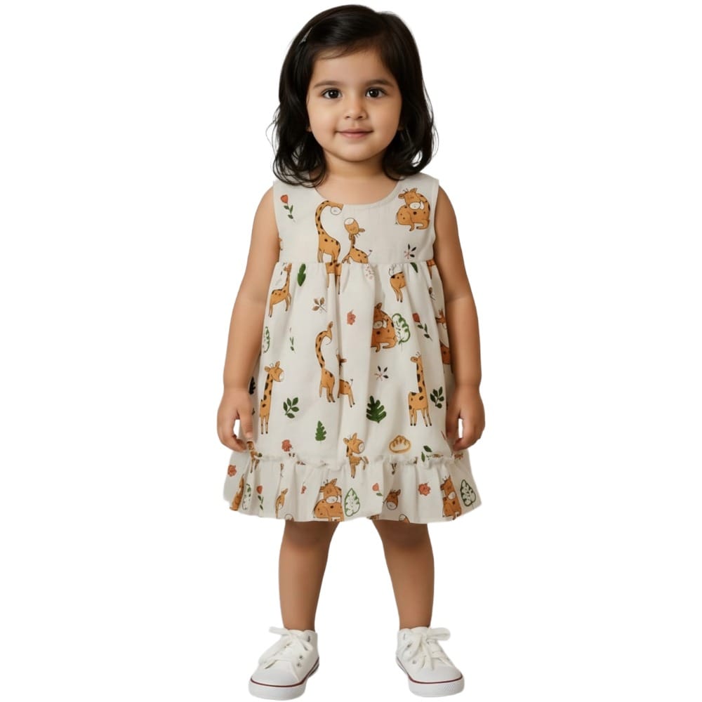Snowflakes Girls Sleeveless Frock With Animal Print - White