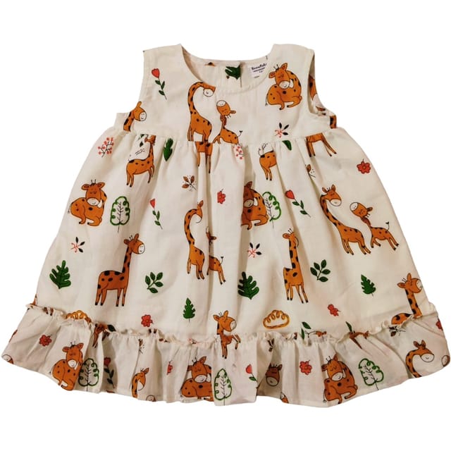 Snowflakes Girls Sleeveless Frock With Animal Print - White