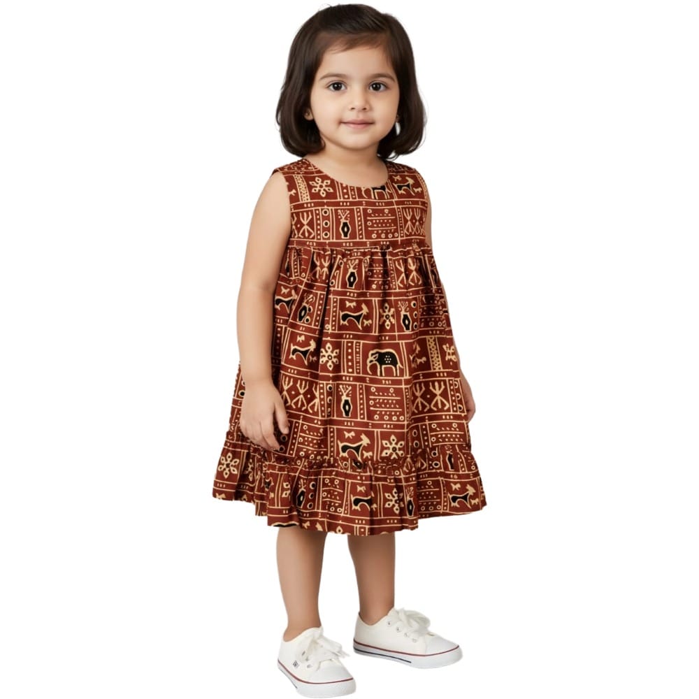 Snowflakes Girls Sleeveless Frock With Kalamkari Print - Maroon