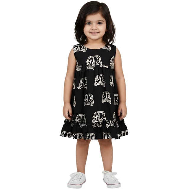 Snowflakes Girls Sleeveless Frock With Rickshaw Print - Black