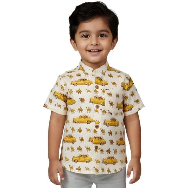 Snowflakes Boys Half Sleeve Cotton Shirt With Car Prints - Cream