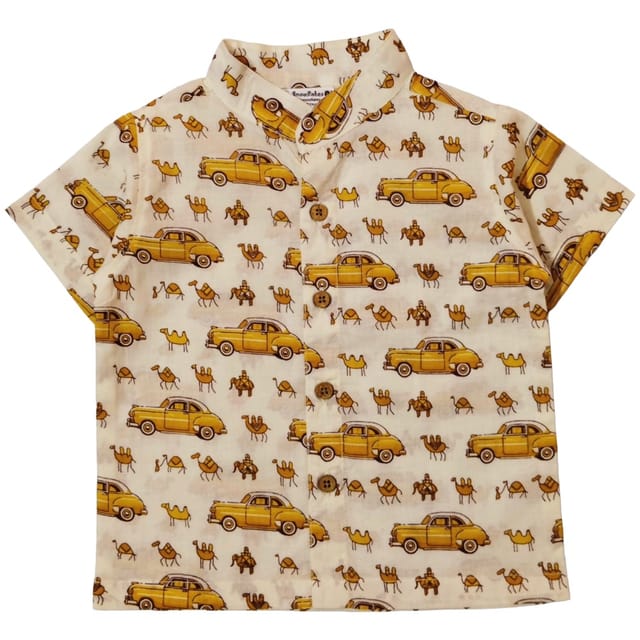Snowflakes Boys Half Sleeve Cotton Shirt With Car Prints - Cream