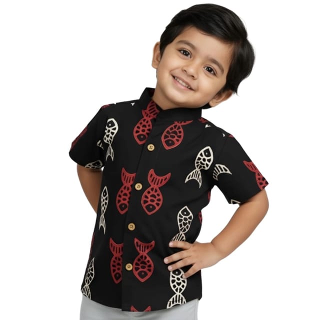 Snowflakes Boys Half Sleeve Cotton Shirt With Fish Prints - Black