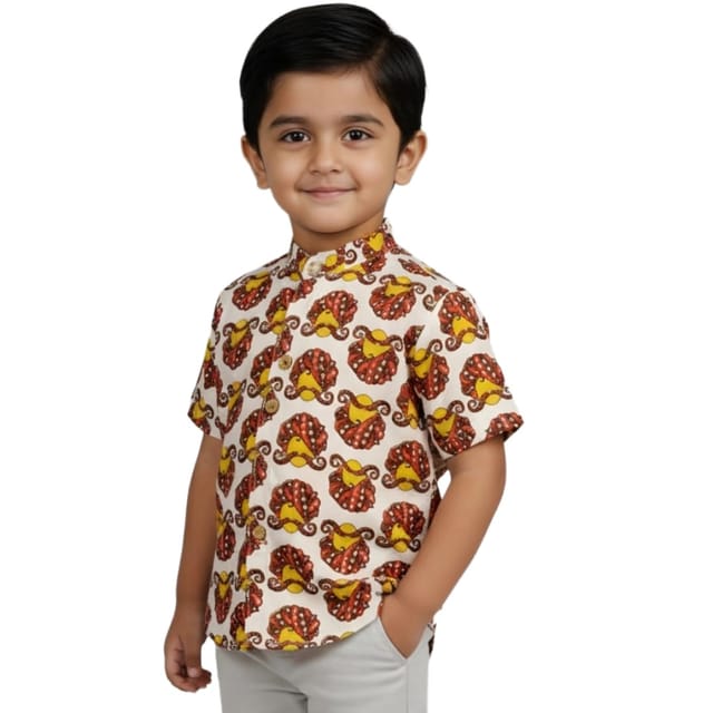 Snowflakes Boys Half Sleeve Cotton Shirt With Face Prints - White