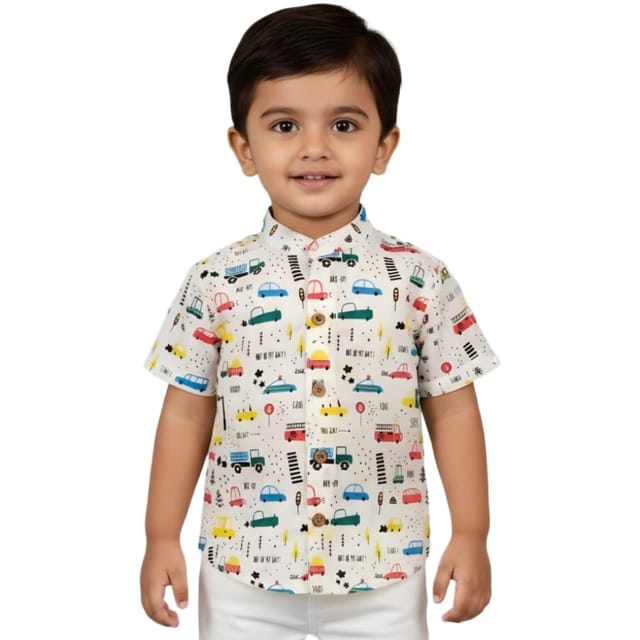 Snowflakes Boys Half Sleeve Cotton Shirt With Car Prints - White