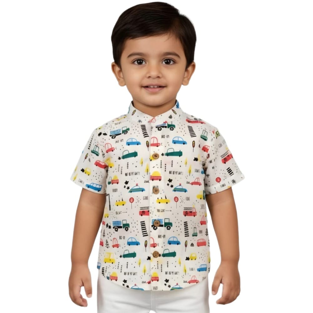 Snowflakes Boys Half Sleeve Cotton Shirt With Car Prints - White