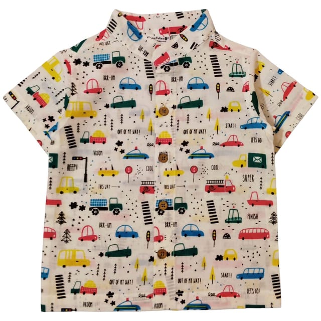 Snowflakes Boys Half Sleeve Cotton Shirt With Car Prints - White