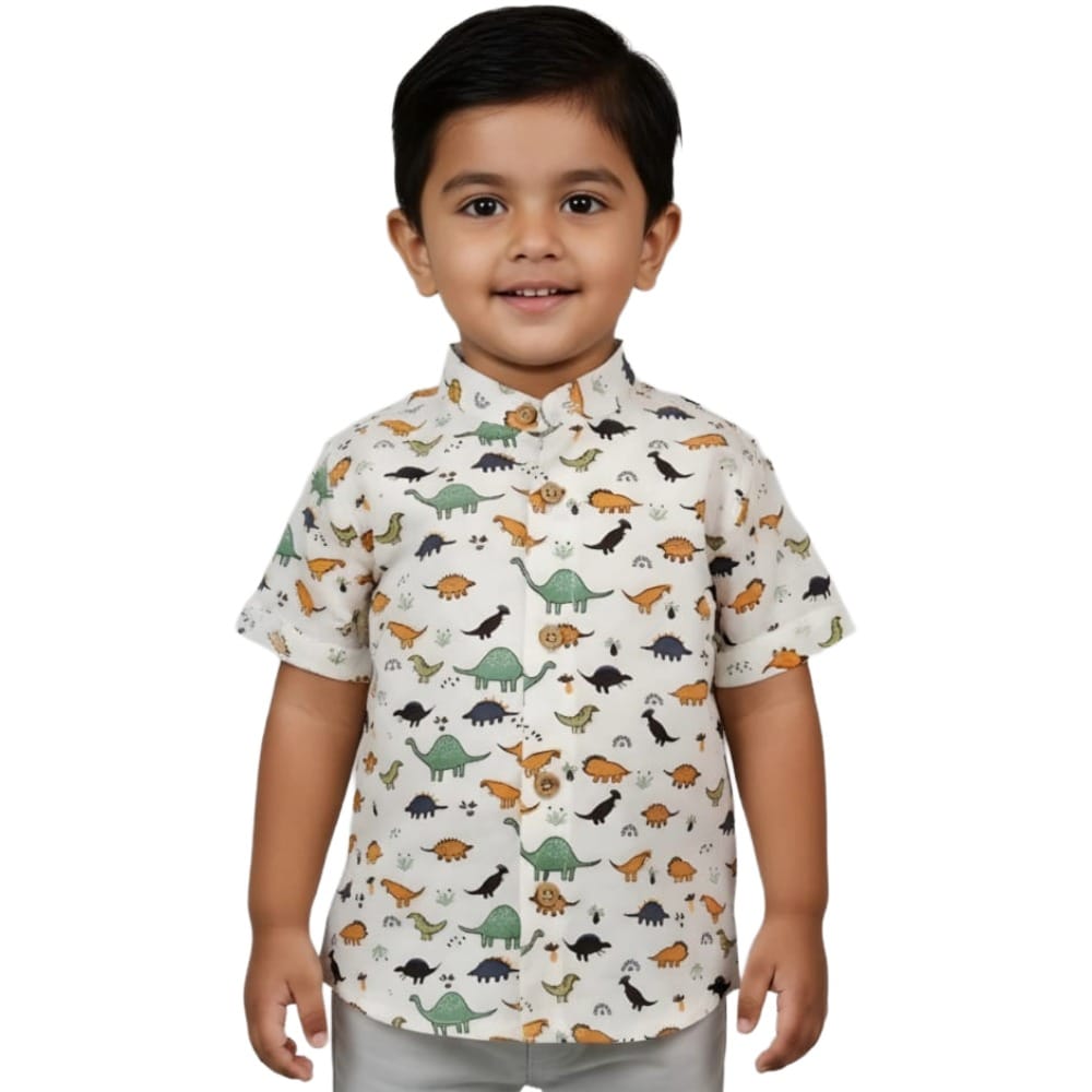 Snowflakes Boys Half Sleeve Cotton Shirt With Dinosaur Prints - White