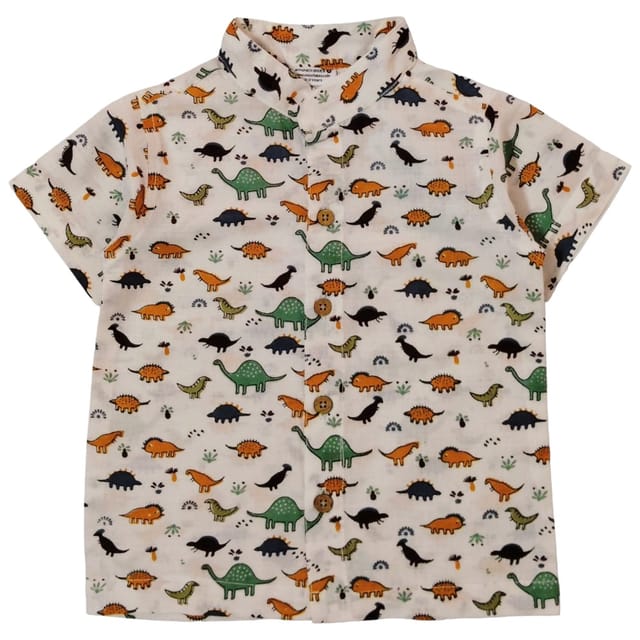 Snowflakes Boys Half Sleeve Cotton Shirt With Dinosaur Prints - White