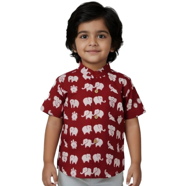 Snowflakes Boys Half Sleeve Cotton Shirt With Elephant Prints - Maroon