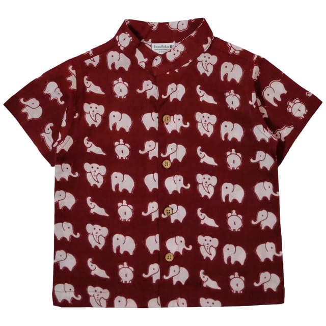 Snowflakes Boys Half Sleeve Cotton Shirt With Elephant Prints - Maroon