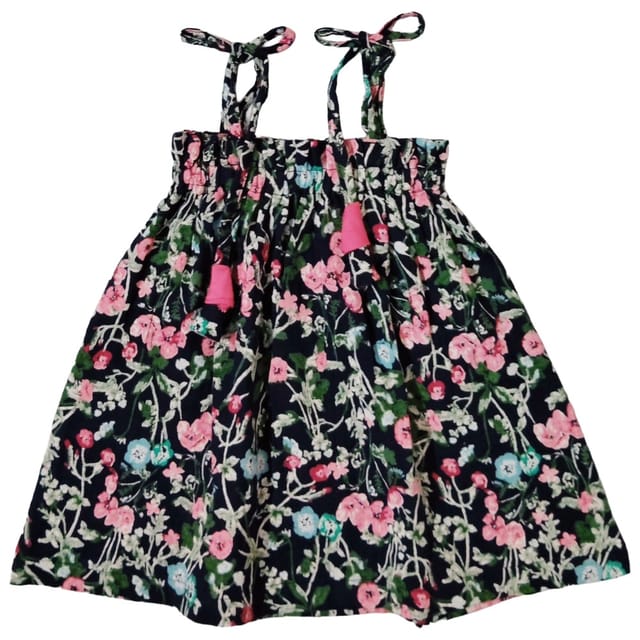 Snowflakes Girls Tying Style Frock With Flower Prints - Dark Blue