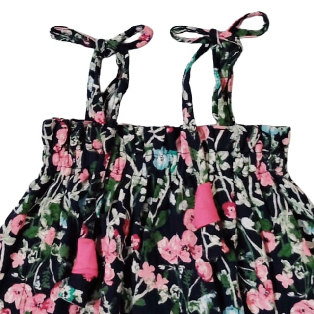 Snowflakes Girls Tying Style Frock With Flower Prints - Dark Blue